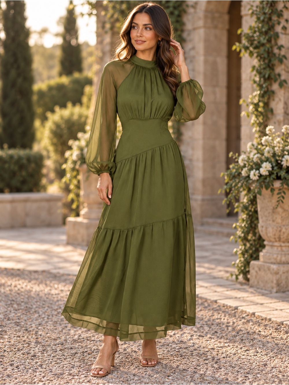 NEW Petal & Pup Julip Olive Sheer Sleeve Maxi Dress Formal Wedding Guest